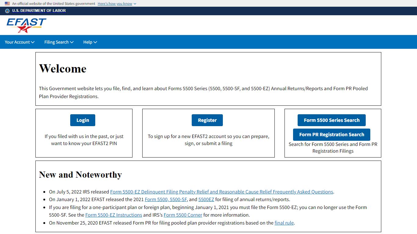 Welcome - EFAST2 Filing - DOL